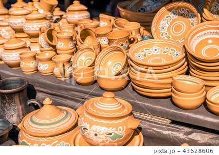 Clay dishes. Crockery made clay. Dishes background Clay dishes. Crockery made clay. Dishes background 43628606