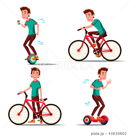 Teen Boy Riding Hoverboard, Bicycle Vector. City Outdoor Sport Activity. Gyro Scooter, Bike. Eco 43630602