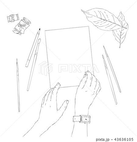 Vector illustration. One hand lies on top of the notebook. On the other hand, holding a eraser is 43636105
