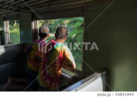 Excited boys in train look at view 43641944