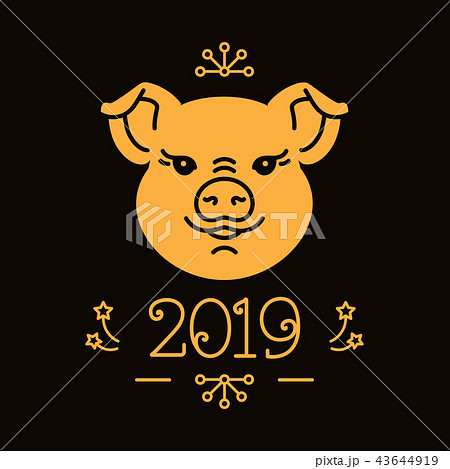 Happy New Year and Christmas card, 2019 year of the pig. Cute golden pig, 2019 number. Elegant dark 43644919