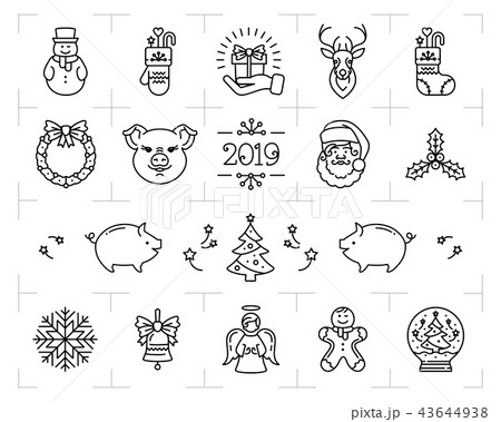 Christmas icons set, Zodiac year of the Pig 2019, New Year symbols. Christmas line icons, Holiday 43644938