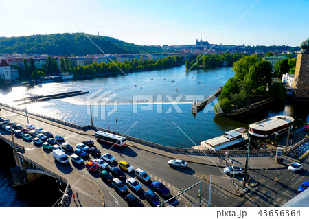 Traffic jam on bridge, Vltava river in Prague, Czech Republic. 43656364