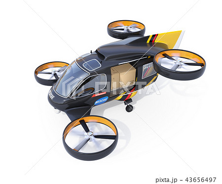 白バックに救援物資を積んでいるレスキュードローンのイメージ 43656497