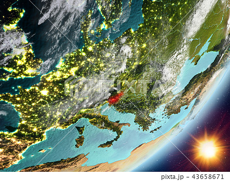 Orbit view of Slovenia during sunrise Orbit view of Slovenia during sunrise 43658671