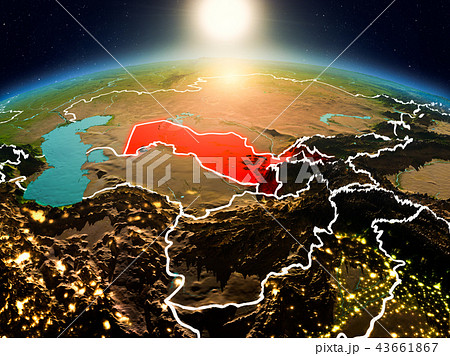 Uzbekistan in sunrise from orbit 43661867