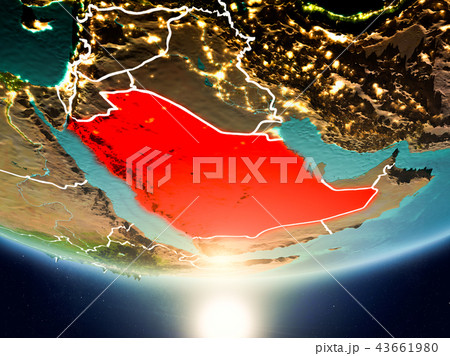 Saudi Arabia with sun on planet Earth Saudi Arabia with sun on planet Earth 43661980