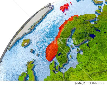 Map of Norway in red on globe 43663327