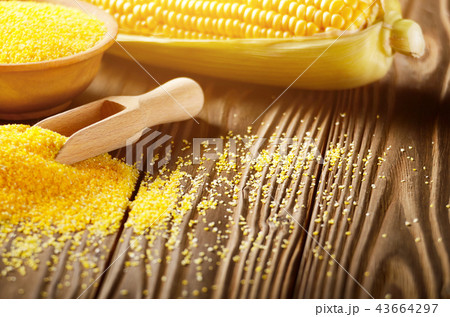 Bowl of corn grits and corncob on kitchen table 43664297