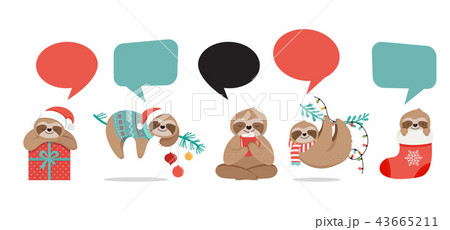 Cute sloths, funny Christmas illustrations with Santa Claus costumes, hat and scarfs, greeting cards Cute sloths, funny Christmas illustrations with Santa Claus costumes, hat and scarfs, greeting cards 43665211