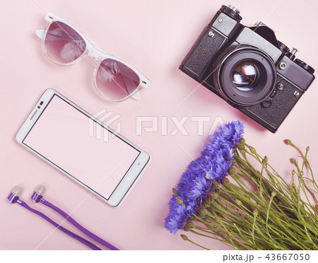 vacations, hipster glasses, smartphone, bouquet 43667050