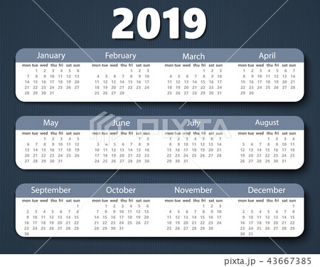 Calendar 2019 year vector design template. Week starting on Monday Calendar 2019 year vector design template. Week starting on Monday 43667385