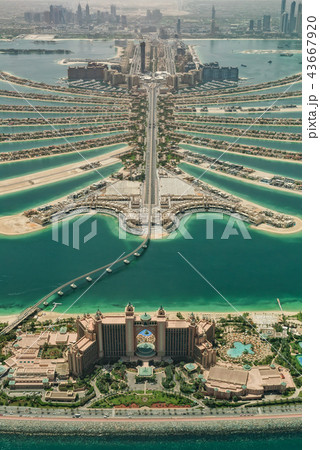 Aerial view of artificial palm island in Dubai. 43667920
