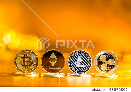 Cryptocurreny coins on a gold background 43670805