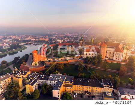 Aerial view Royal Wawel Castle and Gothic Cathedral in Cracow, Poland, with Renaissance Sigismund 43671134