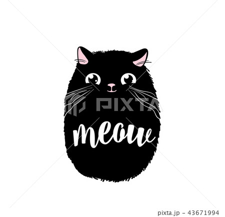 Black cute cat vector print design. Meow lettering text. Kitten face vector background. Funny and 43671994