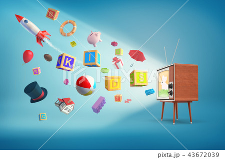 3d rendering of a retro TV set stands on wooden legs with cartoon object flying out of it: rockets 3d rendering of a retro TV set stands on wooden legs with cartoon object flying out of it: rockets 43672039