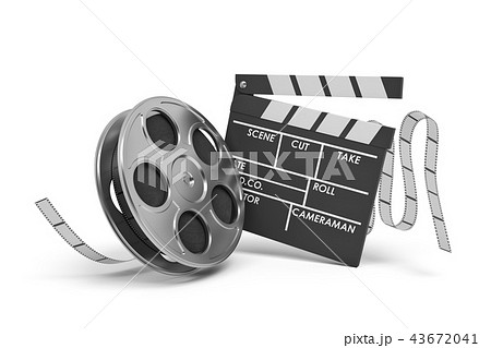 3d rendering of a video reel aand black clapperboard with empty fields on white background. 3d rendering of a video reel aand black clapperboard with empty fields on white background. 43672041