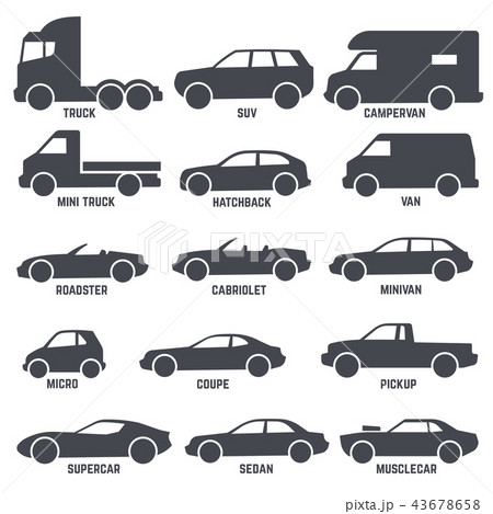 Car automobile types black vector icons isolated on white Car automobile types black vector icons isolated on white 43678658