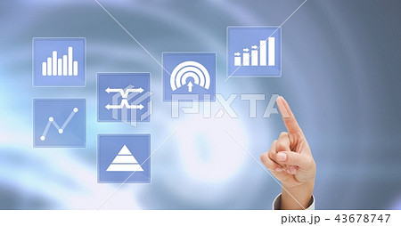 Hand touching business chart statistic icons Hand touching business chart statistic icons 43678747