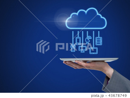 Hand holding tablet with cloud icon on blue background 43678749