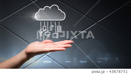 Hand with cloud icon and hanging connection devices and grey tech background Hand with cloud icon and hanging connection devices and grey tech background 43678751