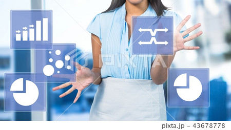 Woman touching business chart statistic icons 43678778