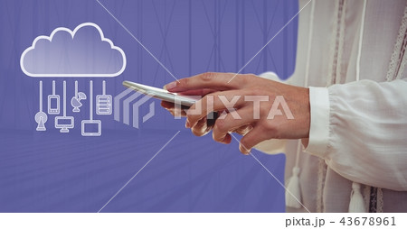 Hand with cloud icon and hanging connection devices 43678961