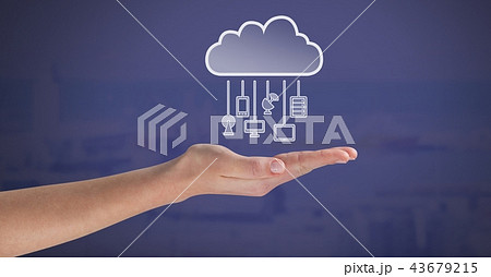 Hand with cloud icon and hanging connection devices Hand with cloud icon and hanging connection devices 43679215