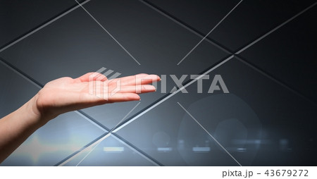 Hand open with grey technology background 43679272