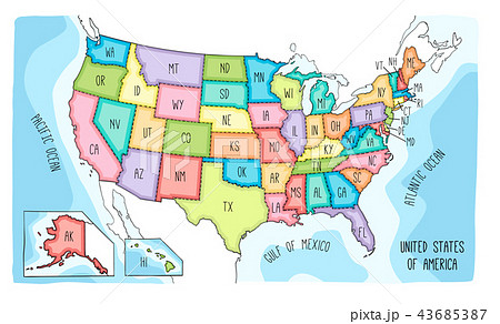 Colorful hand drawn vector map of the USA Colorful hand drawn vector map of the USA 43685387