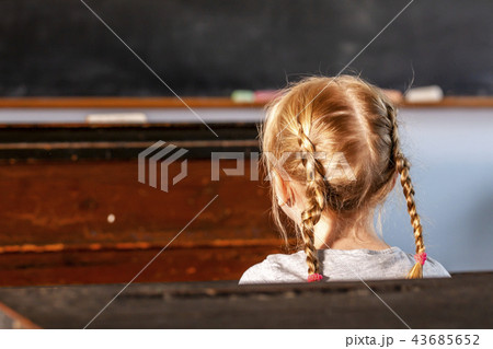Concept of public primary school education with young girl in the classroom 43685652