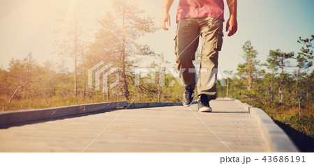 Man walking on wooden walkway in nature Man walking on wooden walkway in nature 43686191