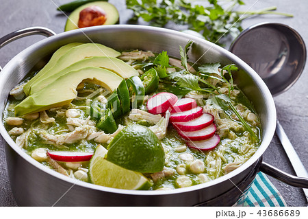 Chicken Pozole Verde in a metal casserole 43686689