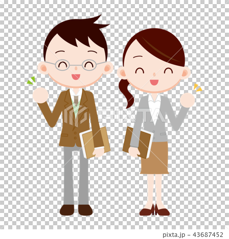 出席簿を持った若い教師　男女　ガッツポーズ 43687452