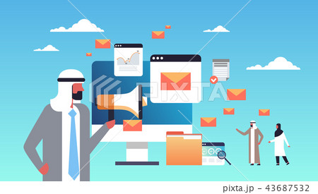 arabic businessman holding megaphone email marketing concept online communication messenger arabic businessman holding megaphone email marketing concept online communication messenger 43687532