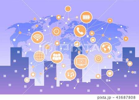 social media icon online international network communication connection concept world map cityscape 43687808