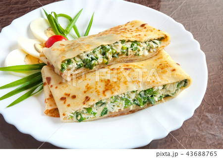 hot pancake with egg and green onions hot pancake with egg and green onions 43688765
