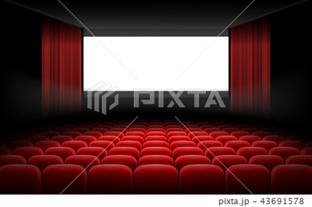 White cinema theatre screen with red curtains and chairs 43691578