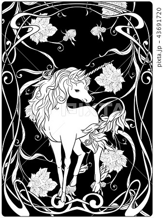 Unicorn And Fantastic Vintage Flowers Vector のイラスト素材