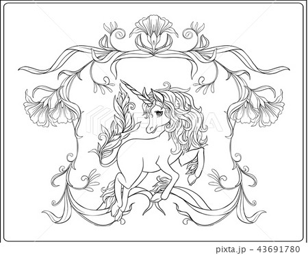 Unicorn and fantastic vintage flowers. Vector illustration.  43691780