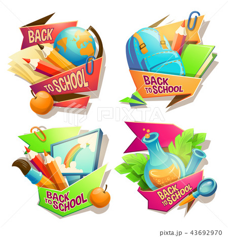 Set of cartoon illustrations, badges, stickers, emblems, colored icons of school supplies 43692970