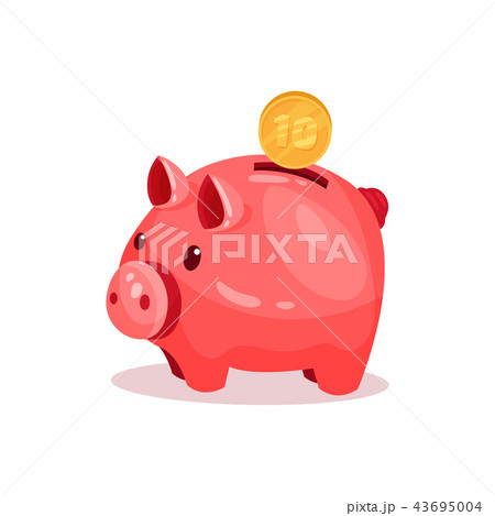 Pink piggy bank with 10 cent. Small ceramic money box for coins. Flat vector element for advertising 43695004