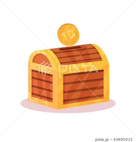 Flat vector icon of small money box in shape of wooden chest. Economy and financial theme Flat vector icon of small money box in shape of wooden chest. Economy and financial theme 43695015