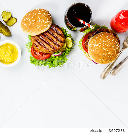 Homemade hamburgers, flat lay 43697288