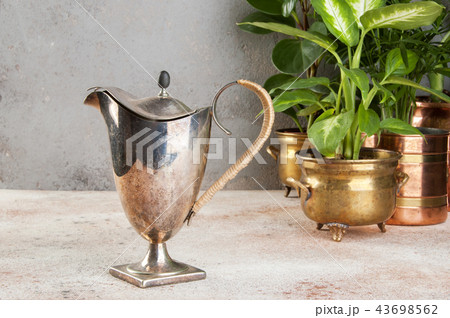 Vintage metal coffee pot and green plants Vintage metal coffee pot and green plants 43698562
