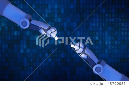Robot hands pointing to each other on blue computer data code ba 43700025