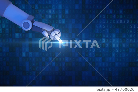 Robot finger pointing with light isolated on computer data code 43700026