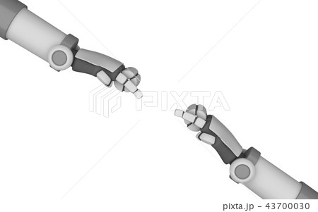 Robot hands pointing to each other isolated on white background 43700030