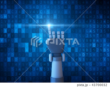 Robot finger pointing with light isolated on computer data code 43700032
